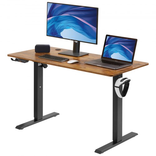 foto del prodotto vevor scrivania regolabile in altezza da ufficio home office studio piano di lavoro 1,4 x 0,7 m, scrivania ergonomica altezza regolabile capacit carico massima 82 kg, scrivania regolabile marrone