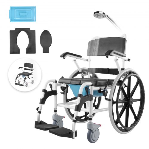 foto del prodotto vevor sedia a rotelle per doccia, bagno per adulti disabili, sedia in alluminio per doccia rotolante regolabile con freno capacit 136 kg larghezza 440 mm sedia da trasporto per comoda da doccia