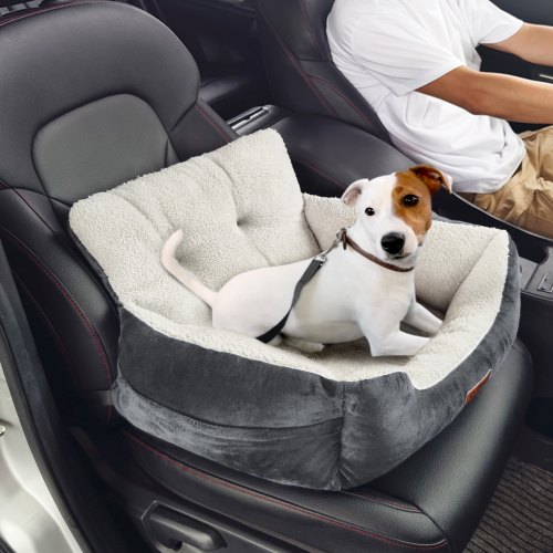 foto del prodotto vevor seggiolino auto per cani di piccola taglia 9 kg, rialzo per cani con schienale alto, tasca portaoggetti, guinzaglio di sicurezza con clip, imbottitura in cotone pp, cuccia cane, grigio scuro