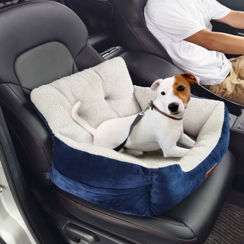foto del prodotto vevor seggiolino auto per cani di piccola taglia 9kg, rialzo per cani, schienale alto, tasca portaoggetti, guinzaglio di sicurezza con clip, imbottitura in cotone pp, cuccia, blu scuro grigio