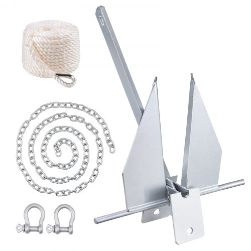 foto del prodotto vevor set ancora in acciaio zincato a caldo 4 kg con catena da 2,4 m, corda da 22,86 m e due grilli da 9 mm, ancora per barche per piccole imbarcazioni inferiori a 5,49 m, mari, fiumi e coste