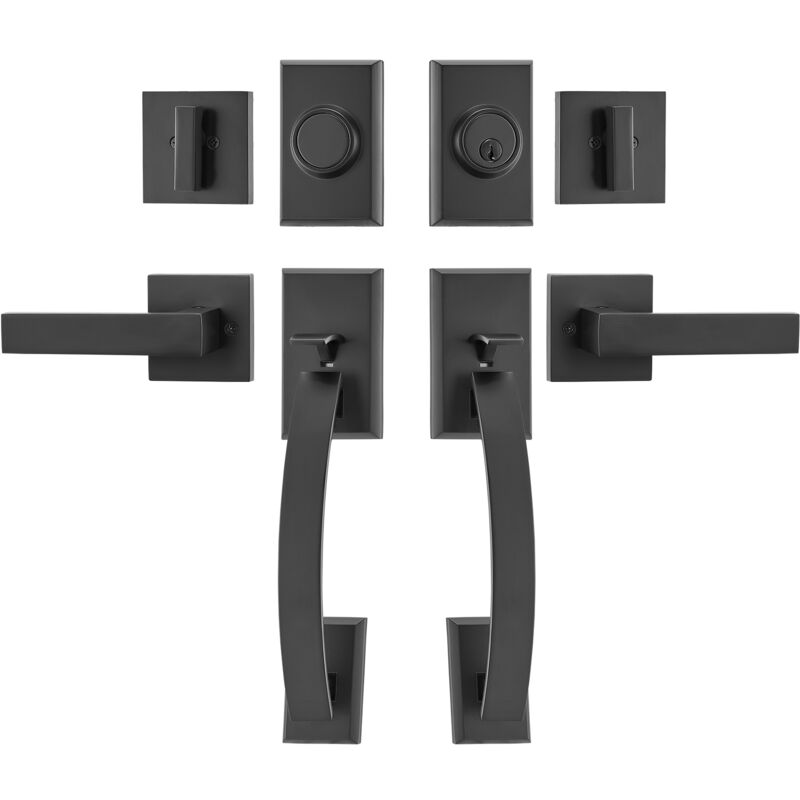 foto del prodotto vevor set maniglia per porta doppia, leva per porta ad arco nero opaco, set maniglia per porta doppia con leva maniglia reversibile, set serratura