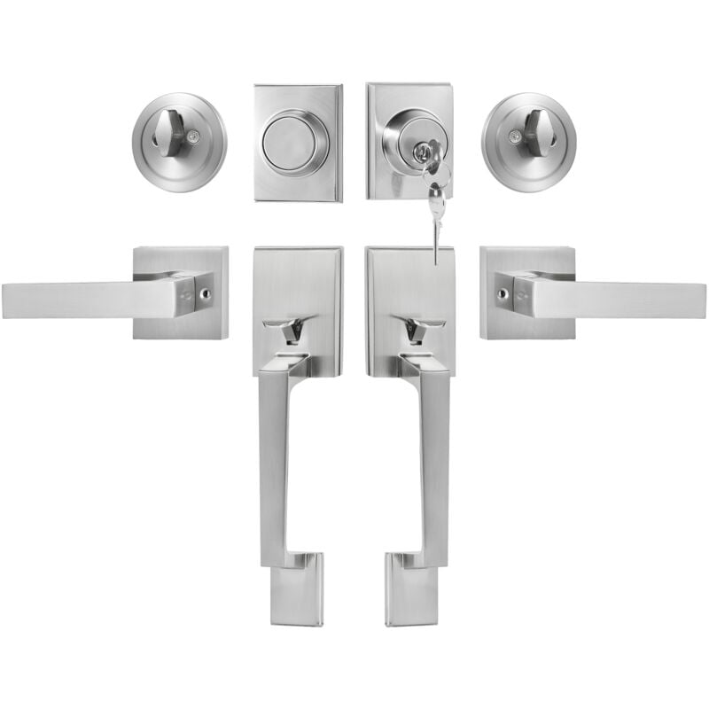 foto del prodotto vevor set maniglia per porta doppia, set serratura per porta doppia con leva maniglia reversibile, leva per porta quadrata in nichel satinato, set