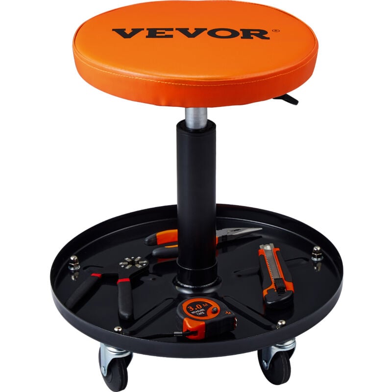 foto del prodotto vevor sgabello da officina mobile portata max. 113,4kg, sgabello da meccanico con rotelle altezza regolabile da officina con vassoio porta attrezzi,