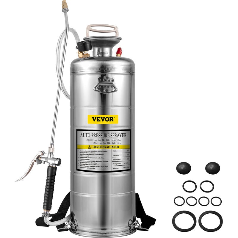 foto del prodotto vevor spruzzatore 12l in acciaio inossidabile, spruzzatore manuale a pompa, spruzzatore da giardino rinforzato a pressione da 3,3 pollici,