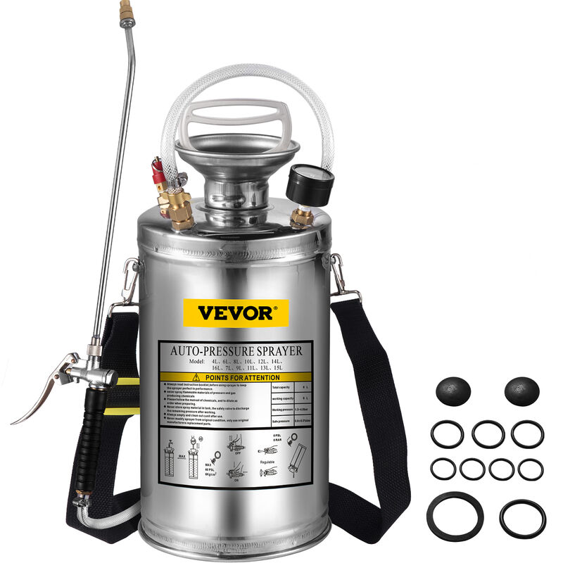 foto del prodotto vevor spruzzatore 6l in acciaio inossidabile, spruzzatore manuale a pompa, spruzzatore da giardino rinforzato a pressione da 3,3 pollici,