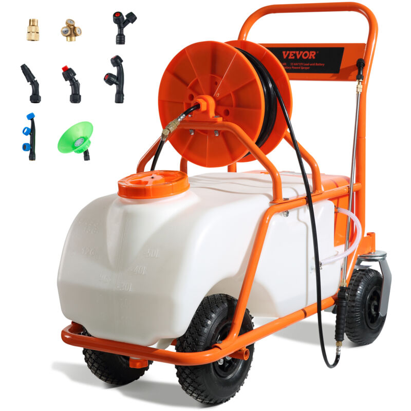 foto del prodotto vevor spruzzatore da giardino alimentato, pressione regolabile 0 90 psi, serbatoio da 15 galloni, carrello spruzzatore con 8 ugelli e 2 bacchette,