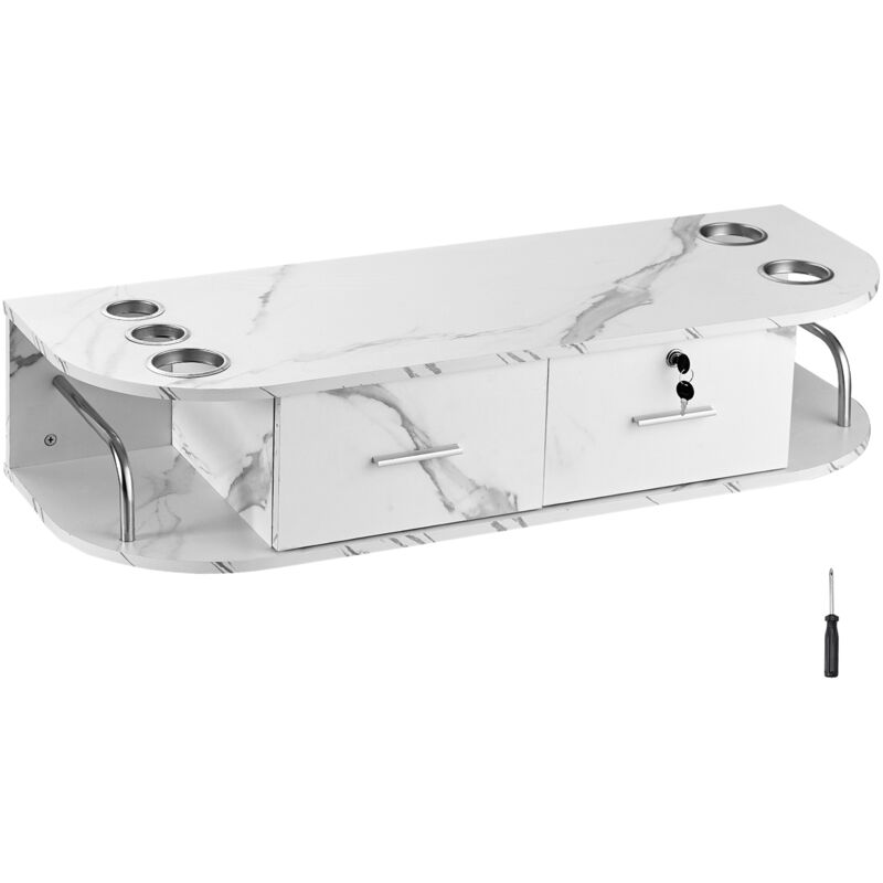 foto del prodotto vevor stazione di montaggio a parete per salone 106 x 38 x 21,5 cm tavolo da barbiere, 5 supporti per asciugacapelli, 2 cassetti uno con serratura ,