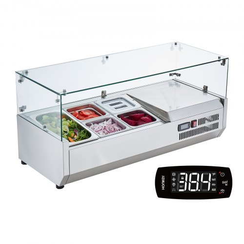 foto del prodotto vevor stazione di preparazione refrigerata per condimenti da banco 140 w stazione di preparazione per frigorifero con 1 vaschetta 1 3, 4 vaschette 1 6, corpo in acciaio inossidabile 304, coperchio pc