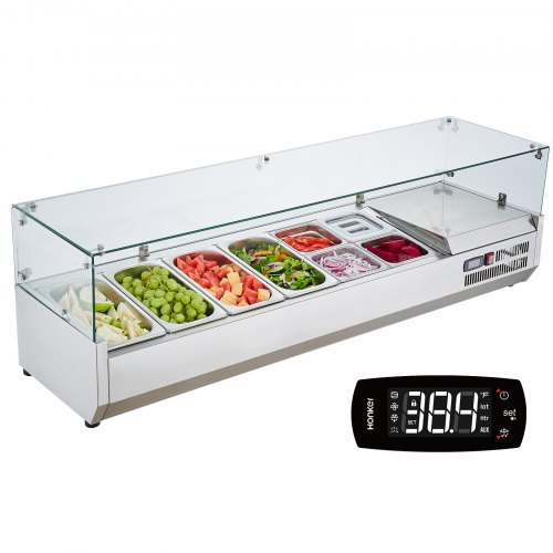 foto del prodotto vevor stazione di preparazione refrigerata per condimenti da banco con 4 vaschette 1 3, 4 vaschette 1 6, stazione di preparazione per frigorifero 155 w corpo in acciaio inossidabile 304, coperchio pc