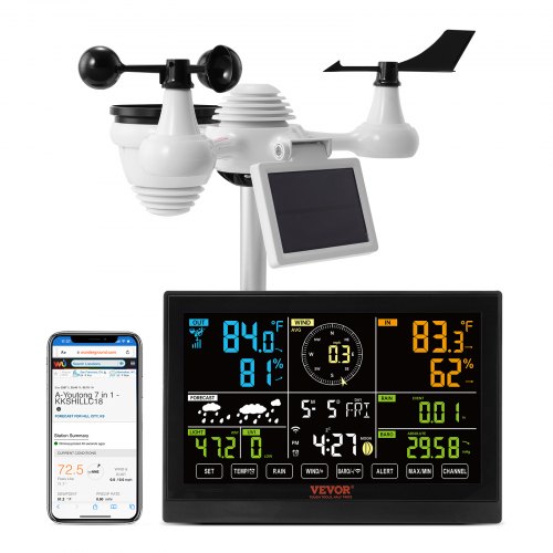 foto del prodotto vevor stazione meteorologica solare connessione wifi da esterni schermo a colori 19 cm 7.5 inch funzione 7 in 1, stazione meteo display 19 cm distanza di trasmissione da 150m, stazione meteo solare