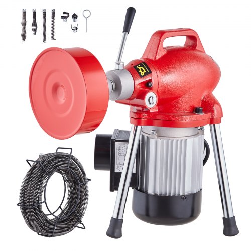 foto del prodotto vevor sturatubi elettrico 20 mx 16 mm macchina pulisci tubi 250 w alimentazione manuale 7 taglierine, 2 cavi in acciaio 20 mx 16 mm/4,6 mx 9,5 mm, comando cw/ccw per tubi da 4-10 cm