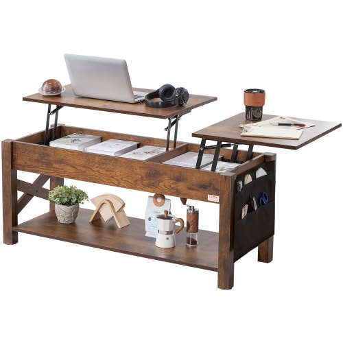 foto del prodotto vevor tavolino sollevabile, tavolino rettangolare da 1206 mm con tasche portaoggetti extra, tavolino pop up per soggiorno tavolino da pranzo regolabile altezza, tavolino caff per bar casa, marrone