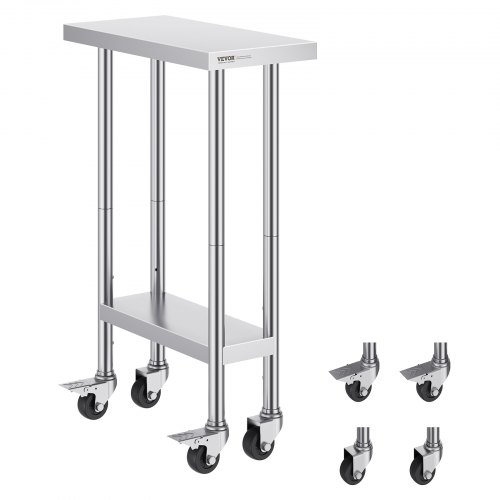 foto del prodotto vevor tavolo da lavoro in acciaio inossidabile 610 x 350 x 954 mm, con 4 ruote, 3 livelli di altezza regolabili, tavolo resistente per preparazione alimenti ristoranti cucina commerciale, argento