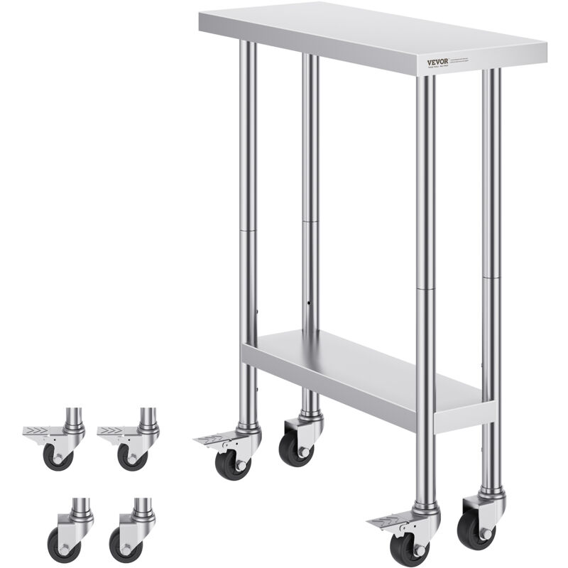foto del prodotto vevor tavolo da lavoro in acciaio inossidabile 762 x 305 x 954 mm, con 4 ruote, 3 livelli di altezza regolabili, tavolo resistente per preparazione