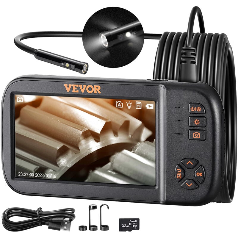 foto del prodotto vevor telecamera a endoscopio lente tripla con schermo di controllo batteria 2860 mah cavo 5m, telecamera di ispezione a endoscopio obiettivo