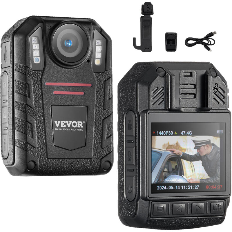 foto del prodotto vevor telecamera per corpo della polizia hd 1440p, 64 gb audio video, batteria integrata da 2850 mah, lcd 5 cm, visione notturna infrarossi,