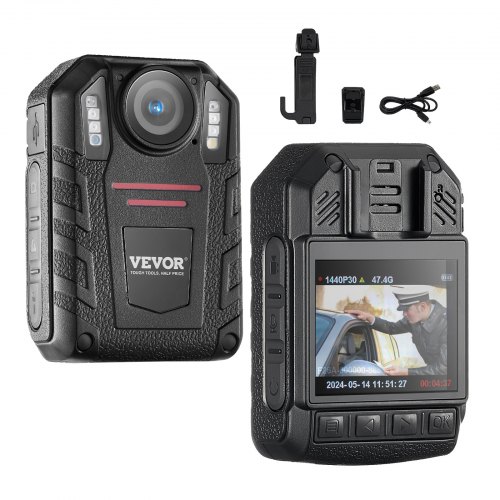 foto del prodotto vevor telecamera per corpo della polizia hd 1440p, 64 gb audio video, batteria integrata da 2850 mah, lcd 5 cm, visione notturna infrarossi, telecamera corpo personale impermeabile forze dell ordine