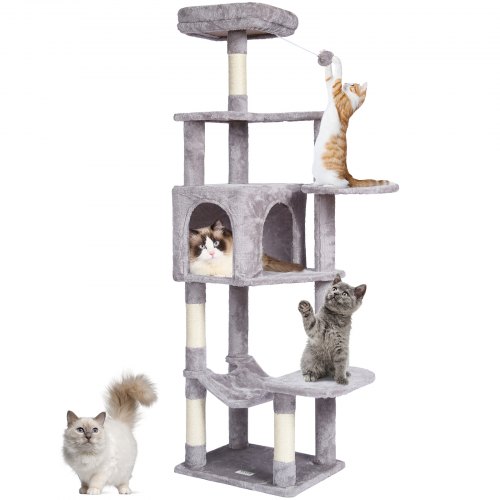 foto del prodotto vevor tiragraffi per gatti da interno 154 cm torre per gatti, cuccia per gatti, trespolo superiore, piattaforme per salti, grande centro attivit per mobili per gatti con palla appesa, grigio chiaro