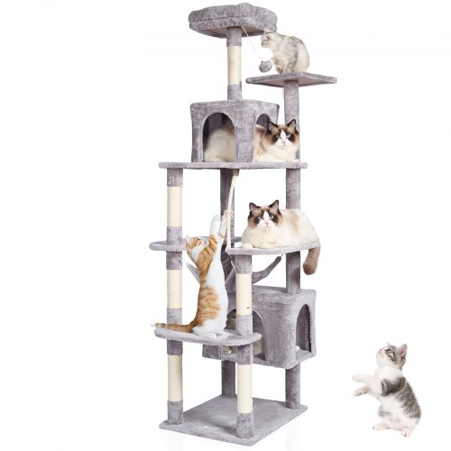 foto del prodotto vevor tiragraffi per gatti da interno 183 cm torre per gatti con 2 cucce per gatti, amaca, trespolo superiore, piattaforme per saltare, grande centro attivit per gatti con palla appesa, grigio chiaro