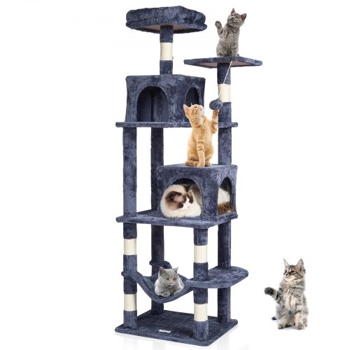 foto del prodotto vevor tiragraffi per gatti da interno, torre per gatti 160 cm 2 cucce per gatti, amaca, trespolo superiore, piattaforme per saltare, grande centro attivit per gatti con palla appesa, grigio scuro