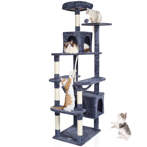 foto del prodotto vevor tiragraffi per gatti da interno, torre per gatti 183 cm 2 cucce per gatti, trespolo superiore, piattaforme per salti, grande centro attivit per mobili per gatti con palla appesa, grigio scuro