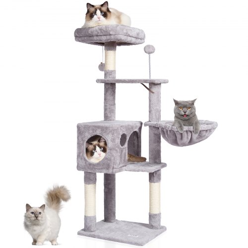 foto del prodotto vevor tiragraffi per gatti interno 115 cm torre per gatti con cuccia per gatti, amaca, trespolo superiore, piattaforme per salti, con palla appesa, centro attivit per mobili per gatti, grigio chiaro