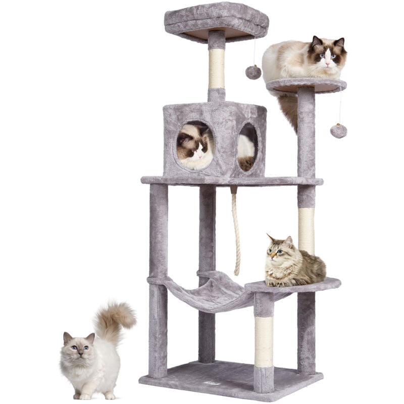 foto del prodotto vevor tiragraffi per gatti interno 143 cm torre per gatti con cuccia per gatti, amaca, trespolo superiore, piattaforme per salti, con palla appesa,