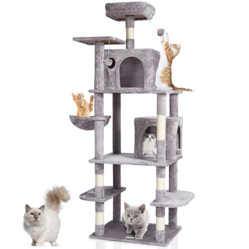 foto del prodotto vevor tiragraffi per gatti interno 174 cm torre per gatti, 2 cucce per gatti, trespolo superiore, piattaforme per saltare, grande centro attivit per mobili per gatti con palla appesa, grigio chiaro