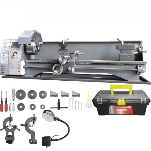 foto del prodotto vevor tornio da banco per metallo motore 750w in ghisa ht200 velocit tra 50 2500 giri min variazione costante, tornio elettrico per metalli 120 x 34 x 36 cm cono mandrino mt5 diametro mandrino 125mm