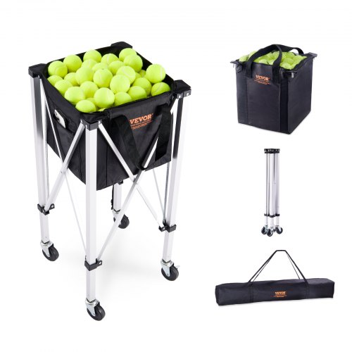 foto del prodotto vevor tramoggia per palline da tennis pieghevole, contiene 150 palline da tennis, carrello didattico sportivo portatile in lega di alluminio con ruote, borsa rimovibile, per giocatore di tennis