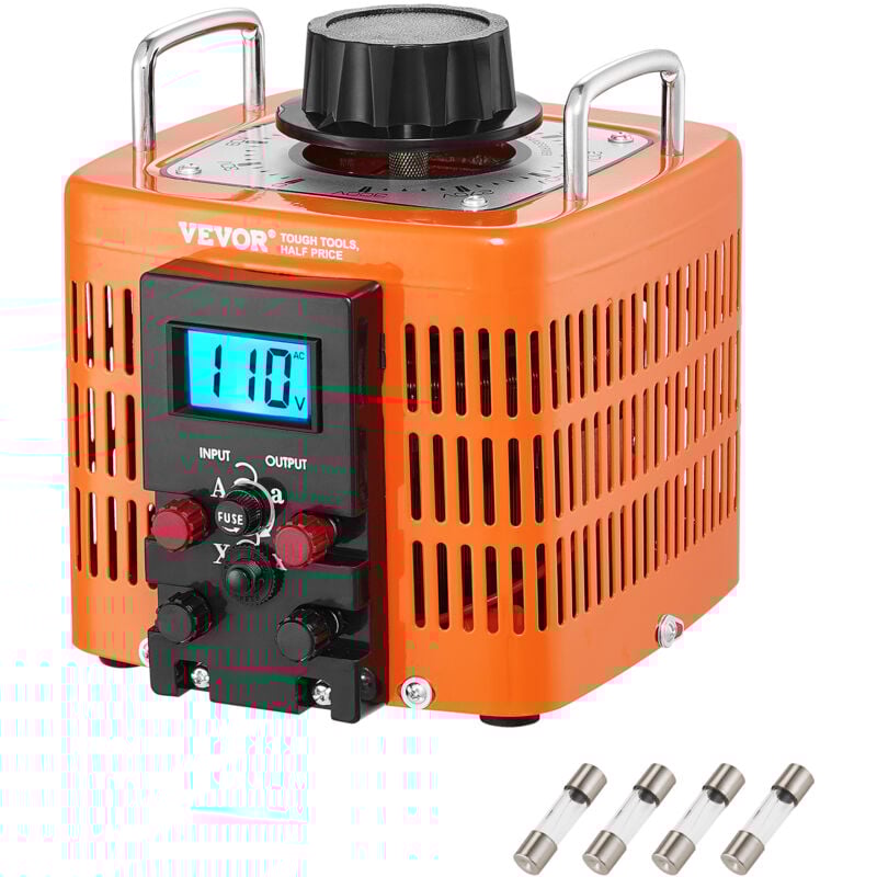 foto del prodotto vevor trasformatore di tensione 2000va, 6,6 amp, regolatore di tensione ca con ingresso 230 v e uscita 0 300 v, con display lcd 4 fusibili per