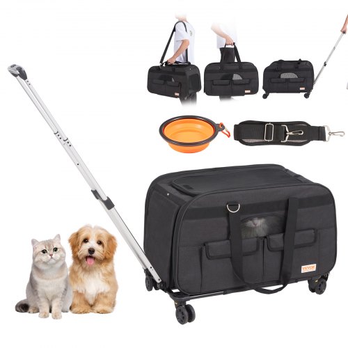 foto del prodotto vevor trasportino per cani e gatti, 650x360x370 mm borsa per animali domestici con ruote con maniglia telescopica e tracolla, cerniera autobloccante, capacità di carico massima 15,8 kg, colore nero