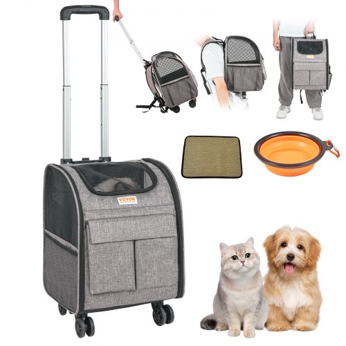 foto del prodotto vevor trasportino per cani e gatti con ruote, zaino per animali domestici con maniglia telescopica 5 tasche, tessuto oxford 600d cerniera autobloccante capacità di carico massima 8,1 kg colore grigio