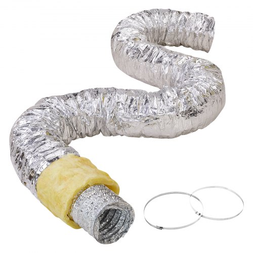 foto del prodotto vevor tubo flessibile coibentato 130x7620 mm condotto di sfiato termoisolante in alluminio pet con 2 fascette stringitubo protezione a tre strati per ventilazione, riscaldamento, raffreddamento, r 4.2
