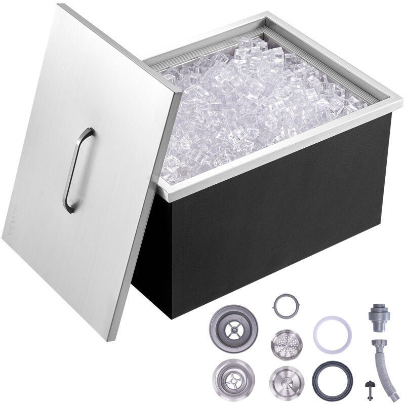 foto del prodotto vevor vaschetta per ghiaccio da incasso capienza max. 30,25l circa dimensioni 508x355x308mm, ghiacciaia da incasso con coperchio in acciaio inox