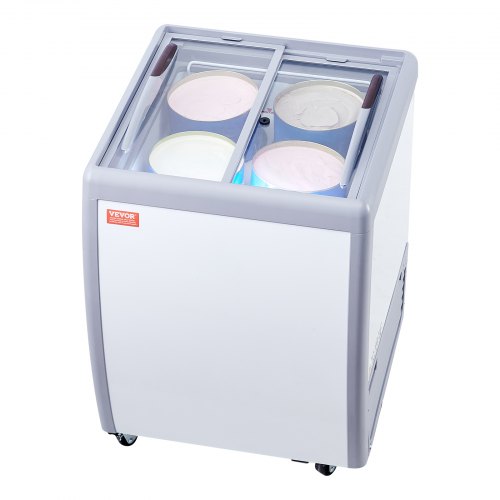 foto del prodotto vevor vetrina per gelato commerciale 665 x 715 x 890 mm congelatore mobile 158 l vetrina per gelateria con piano vetro, 2 porte scorrevoli in vetro con lucchetto, ruote di bloccaggio, bianco