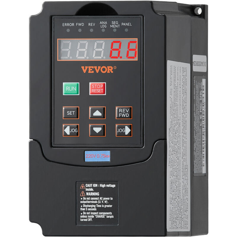 foto del prodotto vevor vfd 1ps, 0,75 kw, 3,5 a, ingresso 220 v monofase o trifase, uscita a frequenza variabile uscita trifase 220 v, ingresso 40 60 hz, uscita 0 400