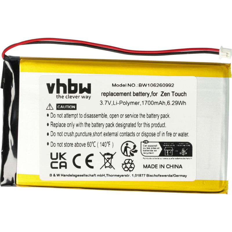 foto del prodotto vhbw 1x batteria compatibile con creative zen touch labs jukebox, touch labs jukebox 20gb mp3 music player lettore musicale 1700mah, 3,7v, li poly 