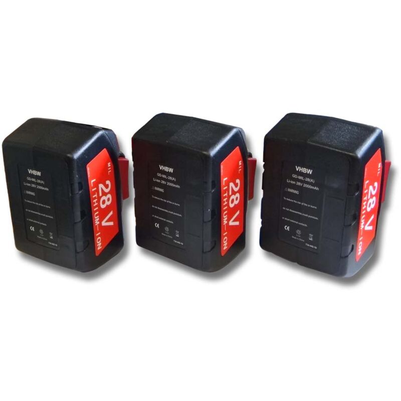 foto del prodotto vhbw 3x batteria compatibile con milwaukee v28 vc attrezzi da lavoro 2000 mah, li ion, 28 v 
