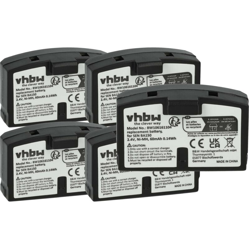 foto del prodotto vhbw 5x batteria compatibile con sennheiser hdr 85, hdr 80, hdr 8, hdr 65 tv, hdr 6 9, hdr 65 auricolari cuffie wireless 60mah, 2,4v, nimh 