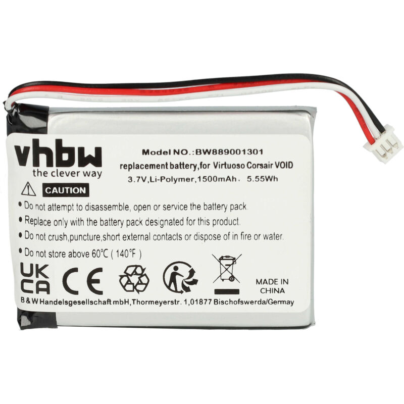 foto del prodotto vhbw batteria compatibile con corsair void pro rgb se, void, void pro rgb, void pro auricolari cuffie wireless 1500mah, 3,7v, li ion 