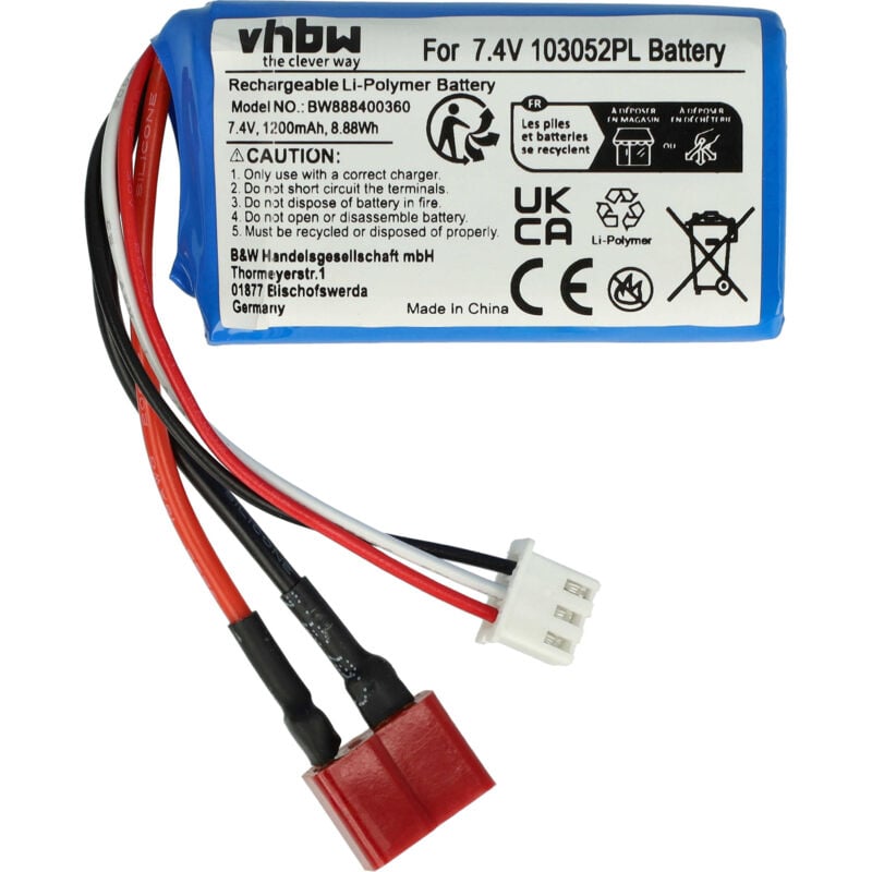 foto del prodotto vhbw batteria con connettore a t per modellismo per es. macchine da corsa, elicotteri, aerei 1200mah, 7,4v, li poly, 58 x 31 x 19 mm 