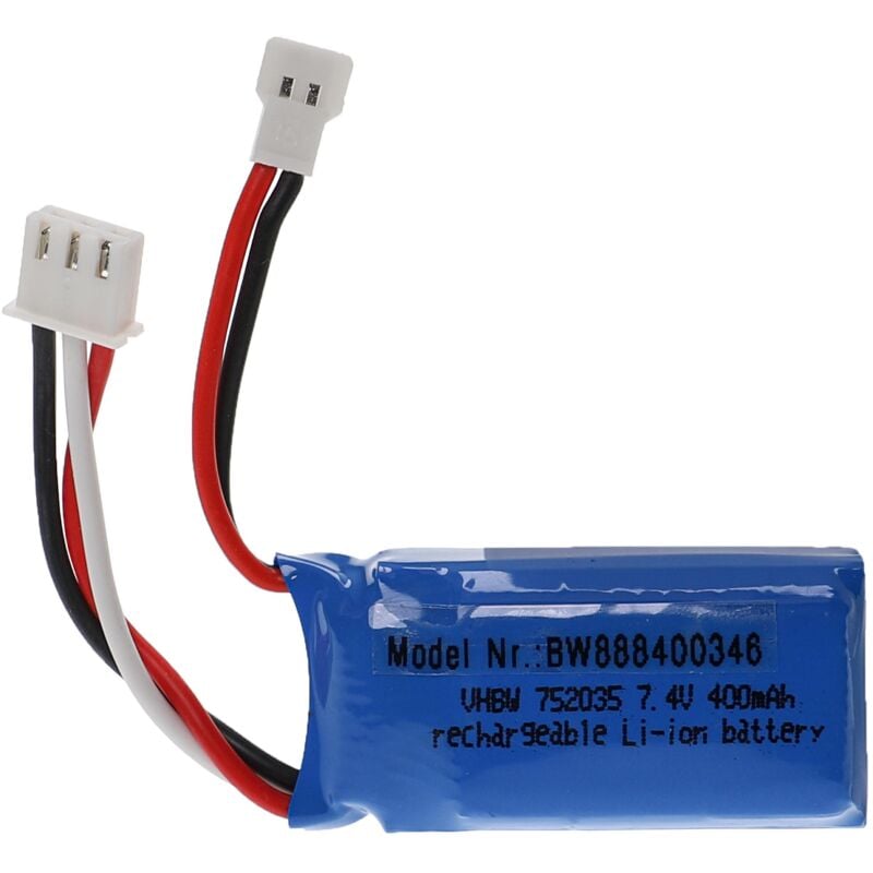 foto del prodotto vhbw batteria con xh 2.54 2p per modellismo per es. macchine da corsa, elicotteri, aerei 400mah, 7,4v, li poly, 41 x 20 x 17 mm 