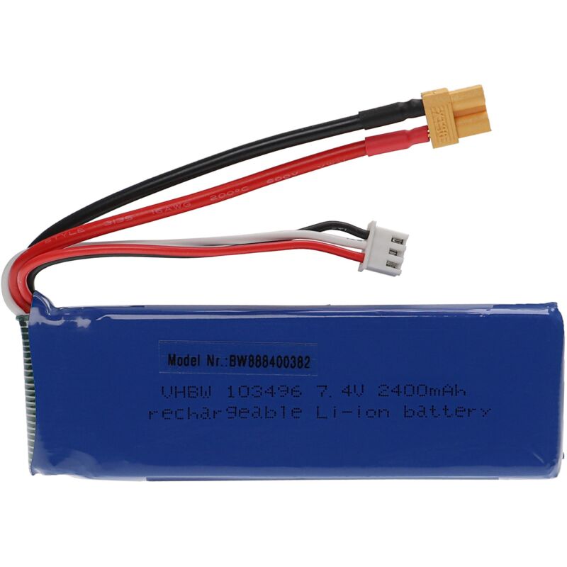 foto del prodotto vhbw batteria con xt30 per modellismo per es. macchine da corsa, elicotteri, aerei 2400mah, 7,4v, li poly, 104 x 34 x 15,5 mm 
