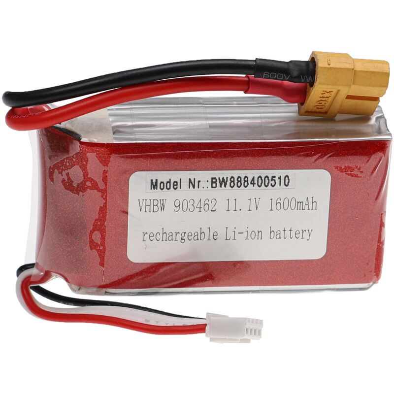 foto del prodotto vhbw batteria con xt60 per modellismo per es. macchine da corsa, elicotteri, aerei 1600mah, 11,1v, li poly, 73 x 35 x 21 mm 