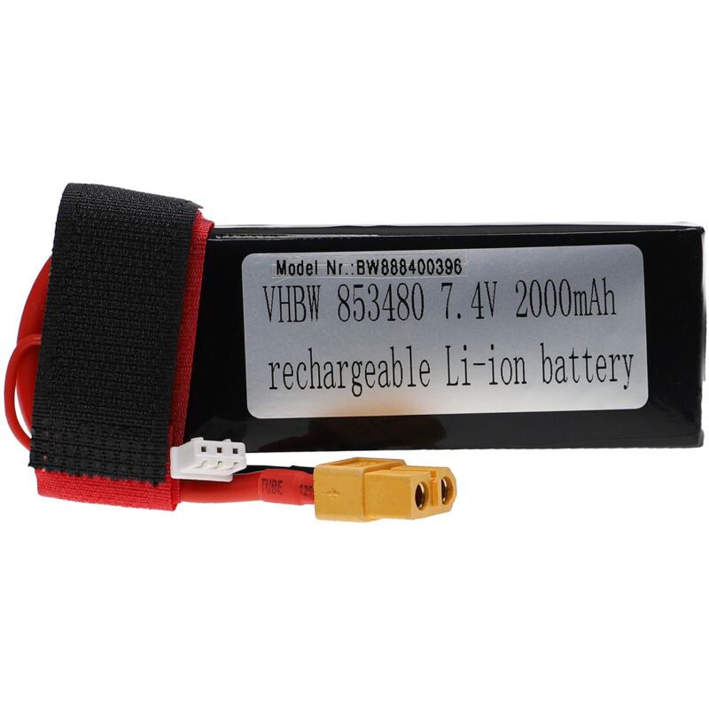 foto del prodotto vhbw batteria con xt60 per modellismo per es. macchine da corsa, elicotteri, aerei 2000mah, 7,4v, li poly, 91 x 36 x 19 mm 