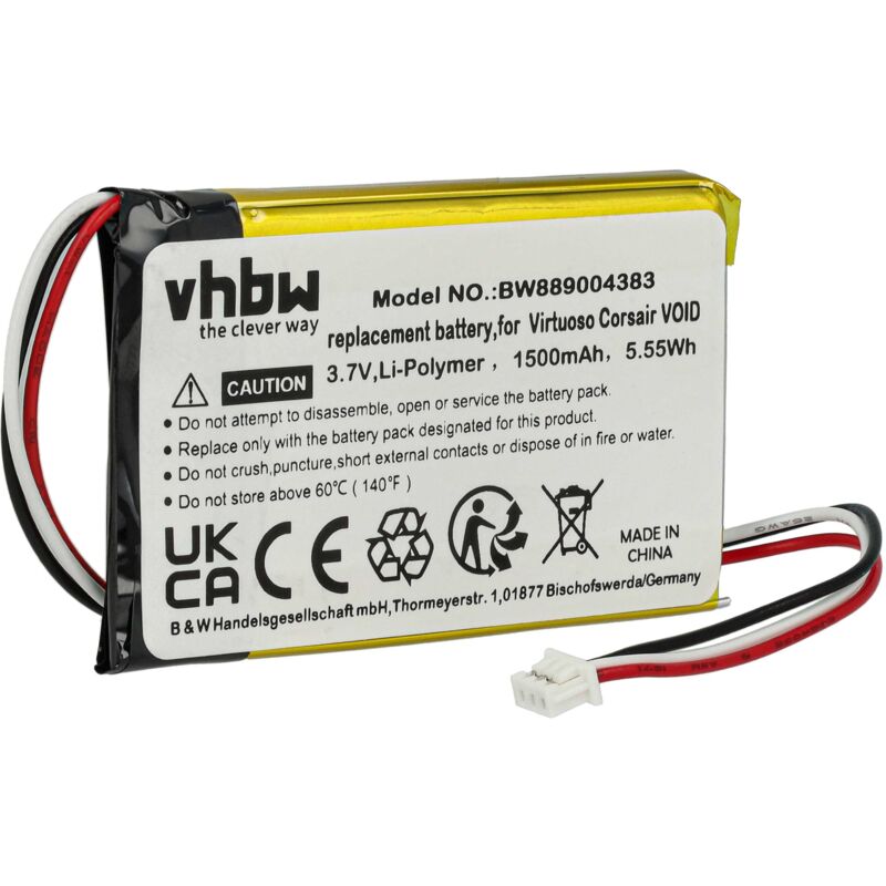 foto del prodotto vhbw batteria sostituisce corsair 603450, aec524050 per auricolari cuffie wireless 1500mah, 3,7v, li poly 