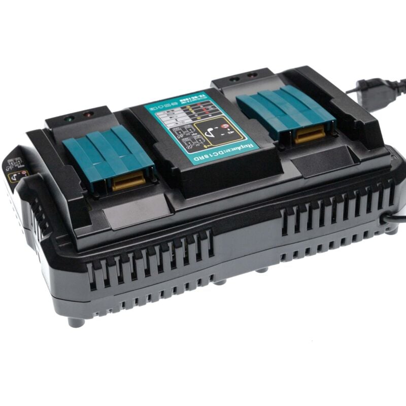 foto del prodotto vhbw caricabatterie duale compatibile con makita hp457dwe, hp457d, hr162drfxw, hp347dwex3, hp347dwe, hp440drfx batterie li ion di attrezzi, 120 w