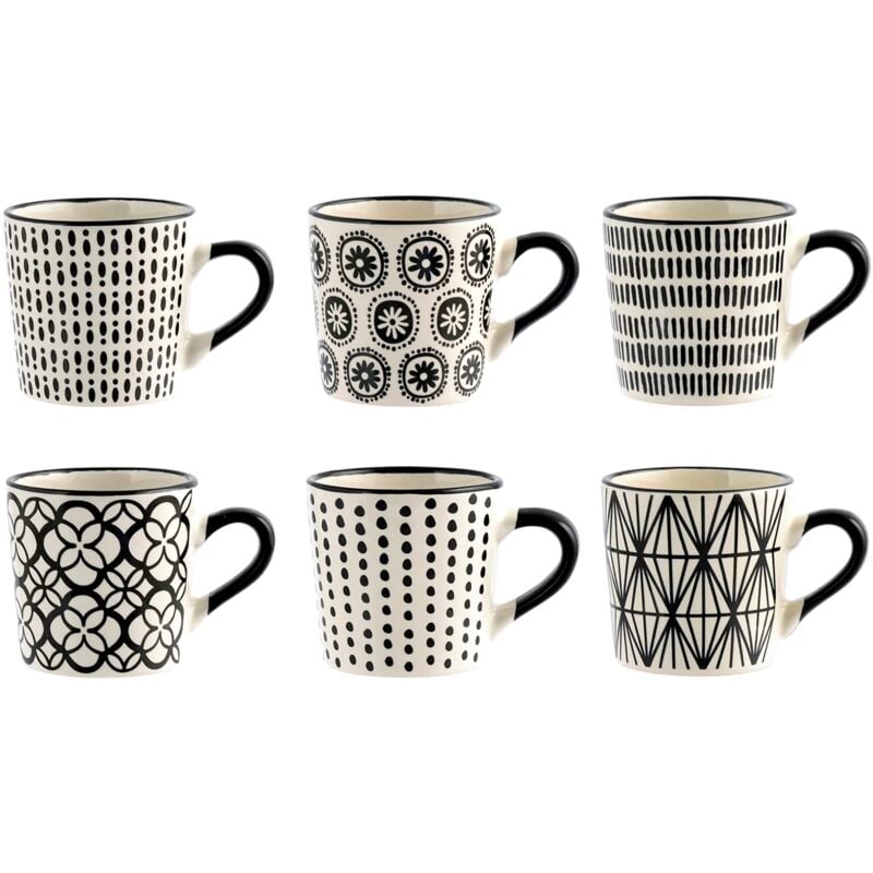 foto del prodotto vhera set 6 tazzine caff in stoneware 85 ml eleganti tazzine bianco nero con decorazioni geometriche e floreali lavabili in lavastoviglie e